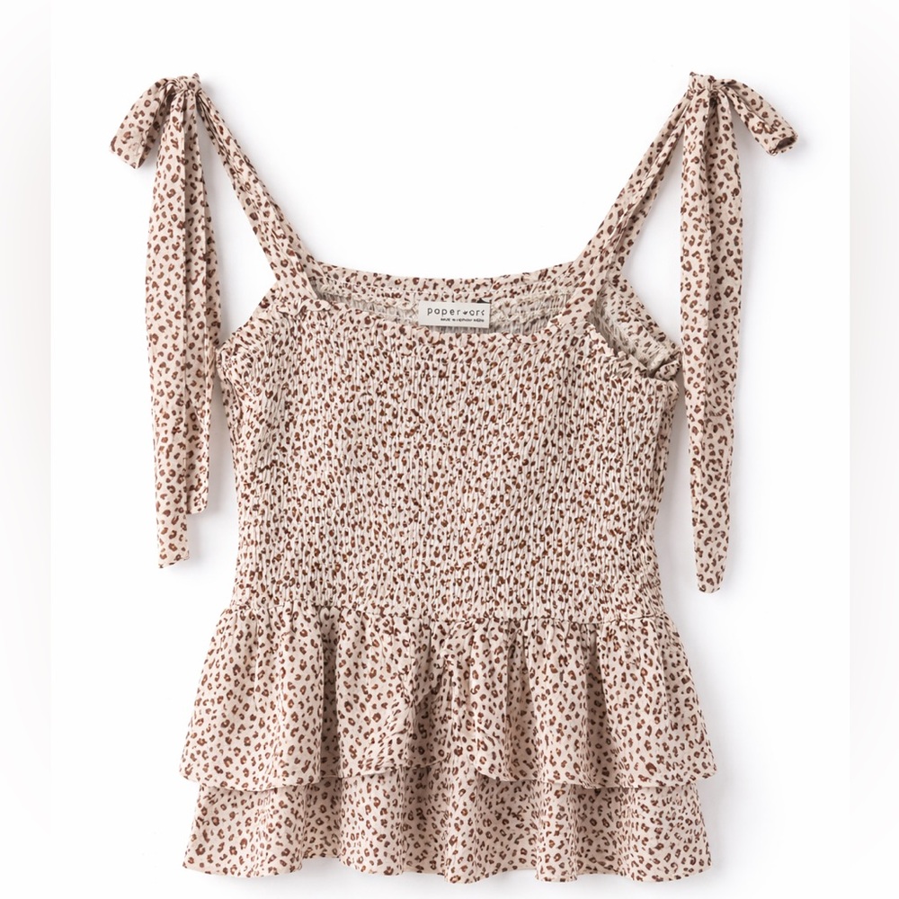 Beige Leopard Smocked Peplum Tie-Shoulder Tank